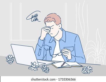 Tired young man is holding eyeglasses and massaging his nose bridge while working hard. Hand drawn in thin line style, vector illustrations.