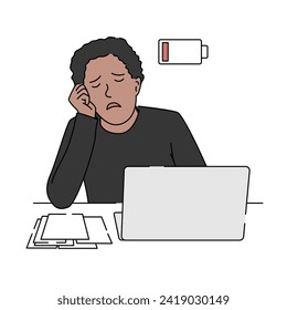 Tired young man with laptop and documents. Exhausted, fatigue and tired concept. Hand drawn vector illustration
