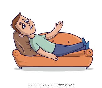 Joven cansado tendido en el sofá. Fatiga, depresión. Ilustración vectorial, aislada en fondo blanco.