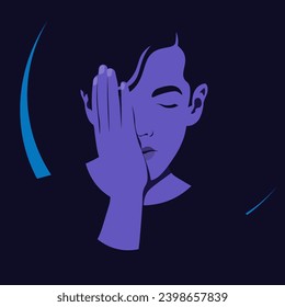 The tired young man at night. Depressed teenager. Fatigue. Vector flat illustration