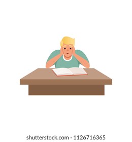 Tired young man sitting at the desk and reading a book, student studying hard before the exam vector Illustration on a white background