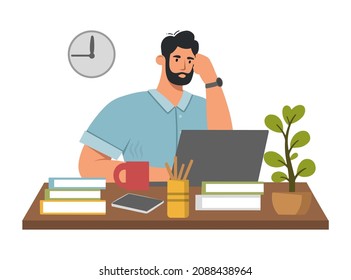 Tired young man sitting at the desk with a laptop. He has a lot of work, he is very busy and has no free time. Home office concept. Flat vector illustration on white background.