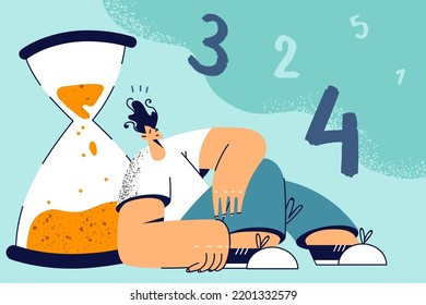 Tired young man sitting near sandglass feeling lazy and unmotivated. Male counting time sitting near sand clock miss deadline. Time management concept. Vector illustration. 