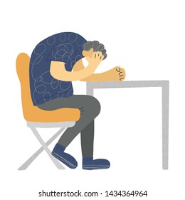 Tired young man sitting at the office. Vector person at the table.