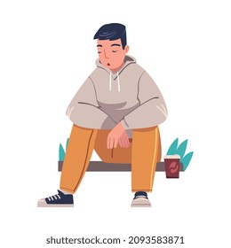 Tired Young Man Sitting on Bench with Coffee Cup and Hang Head Vector Illustration