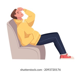 Tired Young Man Sitting on Armchair Scratching Forehead Vector Illustration