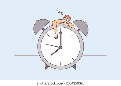 Tired young man sleep doze on huge clock feel overwhelmed. Exhausted male fall asleep nap on watch, need relaxation. Tiny people. Overwork, burnout, fatigue concept. Flat vector illustration. 