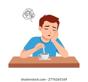 A tired young man stirring coffee on a table looking exhausted and stressed with tangled thoughts