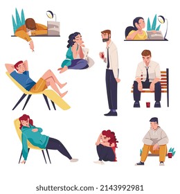 Tired Young Man and Woman Sitting at Table and on Armchair Vector Illustration Set