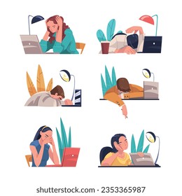 Tired Young Man and Woman Vector Illustration Set