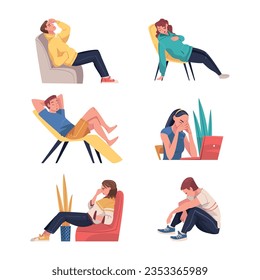 Tired Young Man and Woman Vector Illustration Set