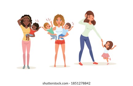 Tired Young Mother and Hyperactive Child Claiming Attention Vector Illustration Set