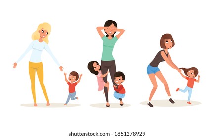 Tired Young Mother and Hyperactive Child Claiming Attention Vector Illustration Set