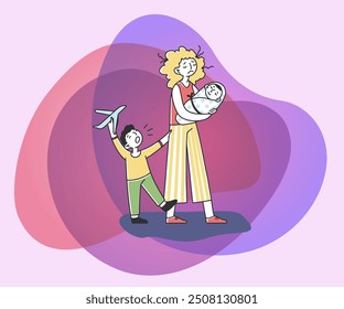 Tired young mother with two children flat vector illustration. Young woman exhausted under life routine. Kids crying. Family and lifestyle concept