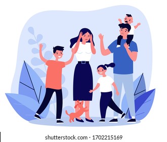 Tired young parents and mischievous happy children flat vector illustration. Exhausted mother and father surrounded by kids. Large family and parenting concept