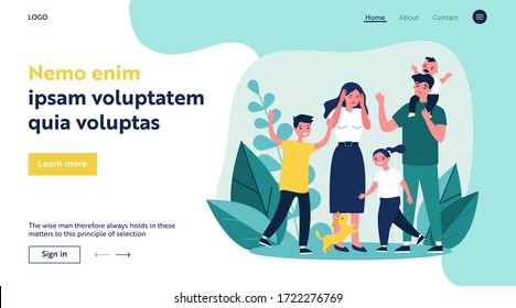 Tired young parents and mischievous happy children flat vector illustration. Exhausted mother and father surrounded by kids. Large family and parenting concept