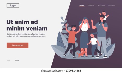 Tired young parents and mischievous happy children flat vector illustration. Exhausted mother and father surrounded by kids. Large family and parenting concept