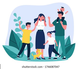 Tired young parents and mischievous happy children flat vector illustration. Exhausted mother and father surrounded by kids. Large family and parenting concept