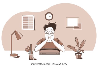 Tired young professional at laptop surrounded by objects with sad face. Color of 2025 is used. Comic about burnout, stress and office work.