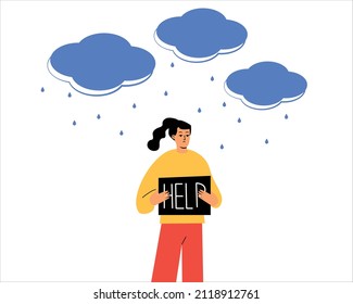 A tired young woman asks for help. A woman holds a card with the word help. Emotional instability, burnout. Mental problems, hidden depression. Clouds overhead