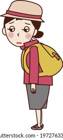 A tired young woman carrying a backpack.