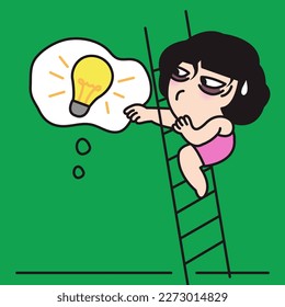 Tired Young Woman Climbing Ladder With Hand Trying To Grab A Light Bulb In Thought Bubble. Ideas And Tips Concept Card Character illustration