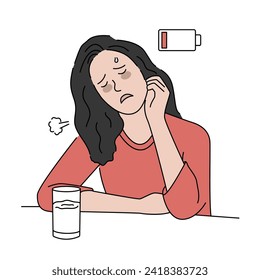 Tired young woman. Exhausted, fatigue and tired concept. Hand drawn vector illustration