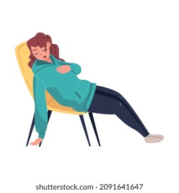 Tired Young Woman Lounging on Armchair Snoring Vector Illustration