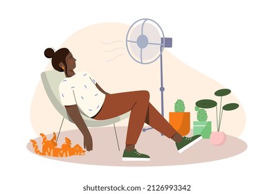 Tired Young Woman Lounging on Armchair abstract concept. Girl snores and rests after hard day work. Fan cooling in hot weather. Overworked employee. Cartoon contemporary flat vector illustration