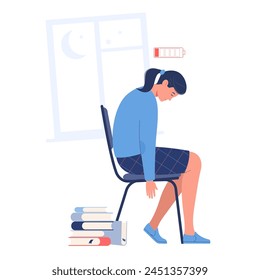 Tired young woman with low battery level,  no energy. Fatigued female is in emotional burnout. Frustrated, terrible fatigue, weakness. Working Online, student or telework