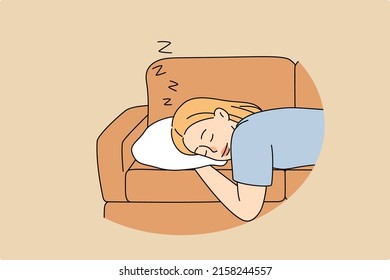 Tired young woman lying on couch enjoy afternoon sleep at home. Exhausted girl take nap doze off on sofa indoors. Exhaustion and fatigue concept. Relaxation and laziness. Vector illustration. 