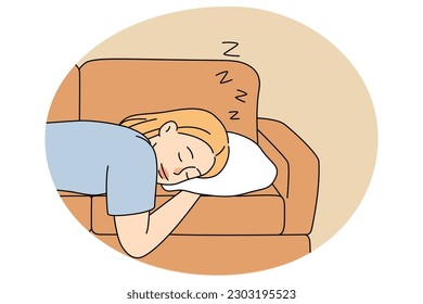 Tired young woman lying on couch enjoy afternoon sleep at home. Exhausted girl take nap doze off on sofa indoors. Exhaustion and fatigue concept. Relaxation and laziness. Vector illustration.