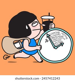 Tired Young Woman Running In A Hurry With Her Busy All The Time Clock Concept Card Character illustration