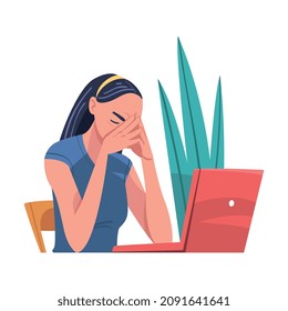 Tired Young Woman Sitting at Laptop Holding Head with Hands Vector Illustration