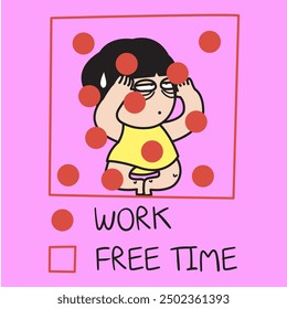 Tired Young Woman Sitting In The Middle Of Her Work And Free Time Integration Diagram Concept Card Character illustration