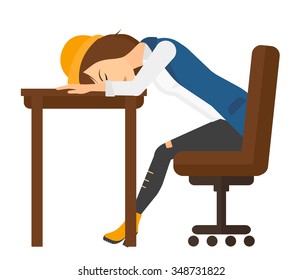 A tired young woman sleeping on table vector flat design illustration isolated on white background. Square layout.