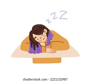 Tired young woman sleeping at table. Teenage girl asleep at the school desk. Sad female character vector hand drawn illustration.