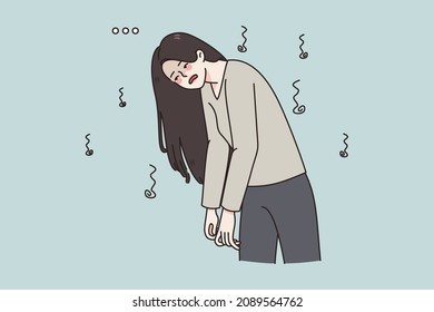 Tired young woman stressed overwhelmed with office work or studying. Exhausted girl feel fatigue or burnout, need sleep and relaxation. Overwork, workload concept. Flat vector illustration. 
