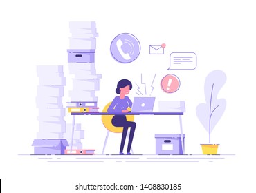Tired young woman working on her laptop among piles of papers and documents. Stress in the office. Rush work. Modern vector illustration.