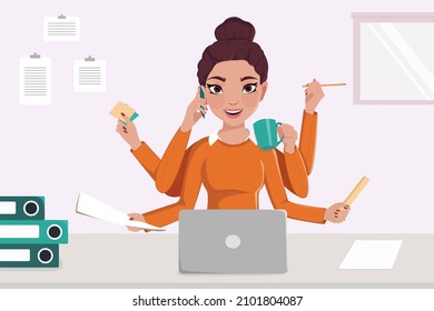 Tired young woman working on her laptop among piles of papers and documents. Stress in the office.
