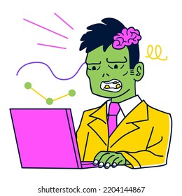 Tired zombie businessman working overtime on computer. male worker transforming into an undead monster after working overtime 
