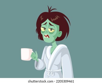 
Mujer zombiana cansada sosteniendo una Copa de Coffee Vector Cartoon. Cafeína adicta incapaz de funcionar por la mañana sensación de sueño
