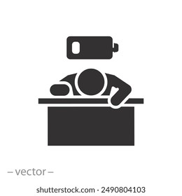 tiredness or burnout icon, tired person in the workplace, low level energy in work battery, exhausted and sleepy man, flat vector illustration