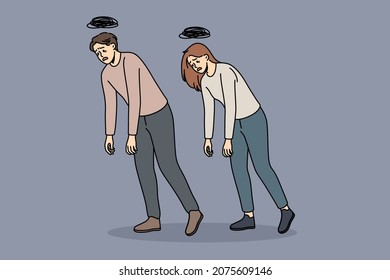 Tiredness and common exhaustion concept. Young man and woman walking with hands down feeling tired zombie vector illustration 