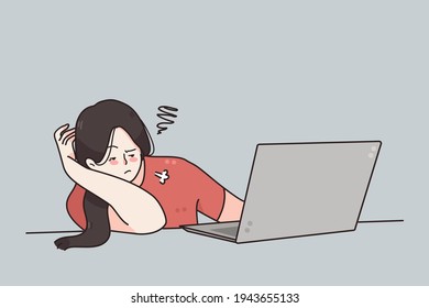 Tiredness, exhaustion, burnout at laptop concept. Portrait of teen girl bored lying on desk using laptop computer to surf information internet vector illustration 