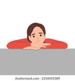 Tiredness, exhaustion, burnout at laptop concept. Portrait of teen girl bored lying on desk. Flat vector illustration isolated on white background