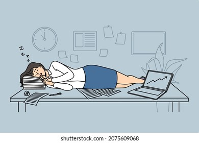 Tiredness and exhaustion concept. Young woman cartoon character lying down and sleeping in office near papers and laptop vector illustration 