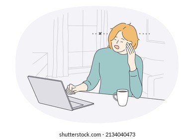Tiredness exhaustion and stress concept. Young tired business woman worker sitting in office at laptop and feeling sleepy and tired at work vector illustration 