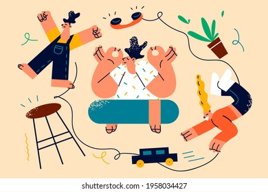 Tiredness and meditation concept. Young Tired dad of two kids sitting on floor trying to relax and meditate with playing children around vector illustration