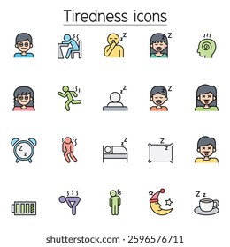 Tiredness, sleepy icon set in color line style